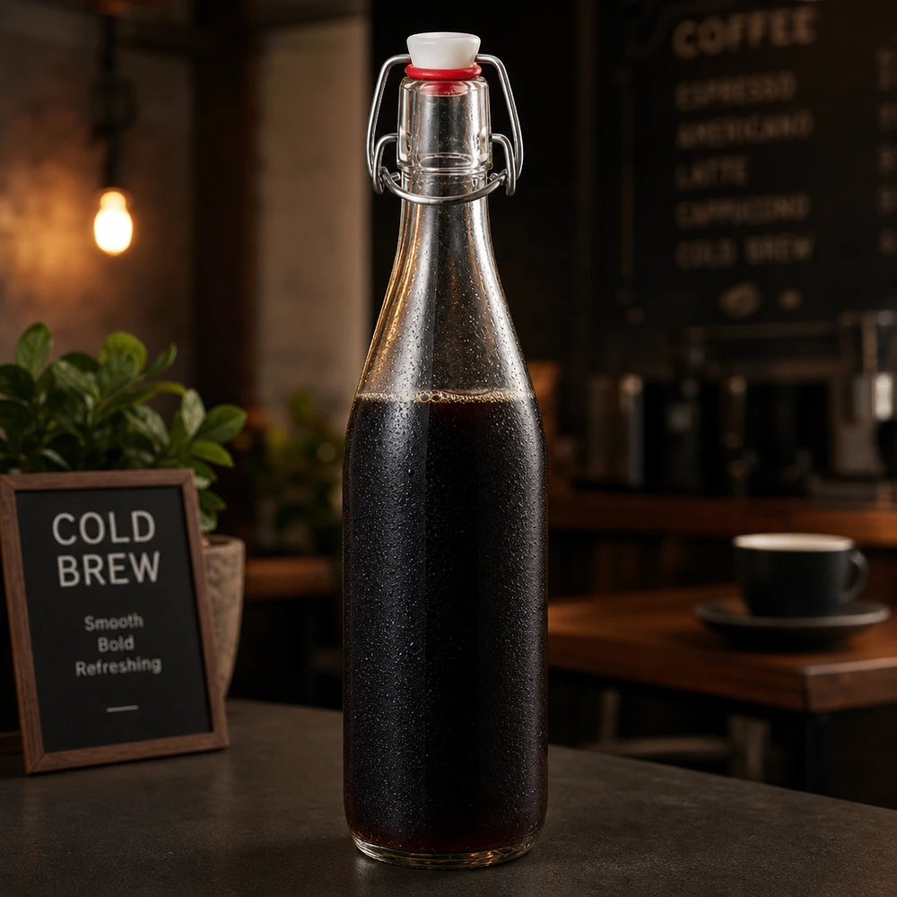 500ml glasflaska + svängbar topp porslin UNiTWIST 500 ml glasflaska med svängbart lock fylld med kallbryggt kaffe i caféatmosfär bredvid reklamskylt
