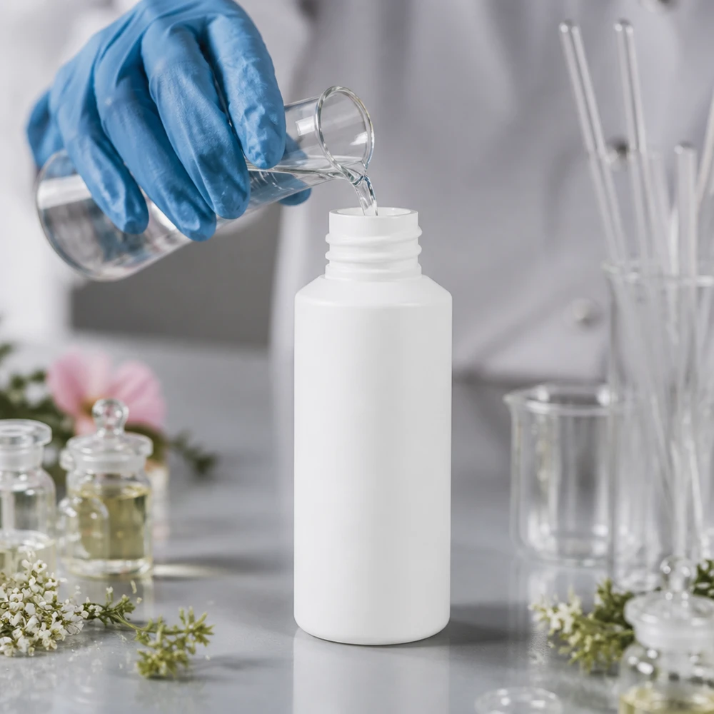 En vit HDPE-apotekflaska på 30 ml fylls med en klar vätska från ett bägarglas