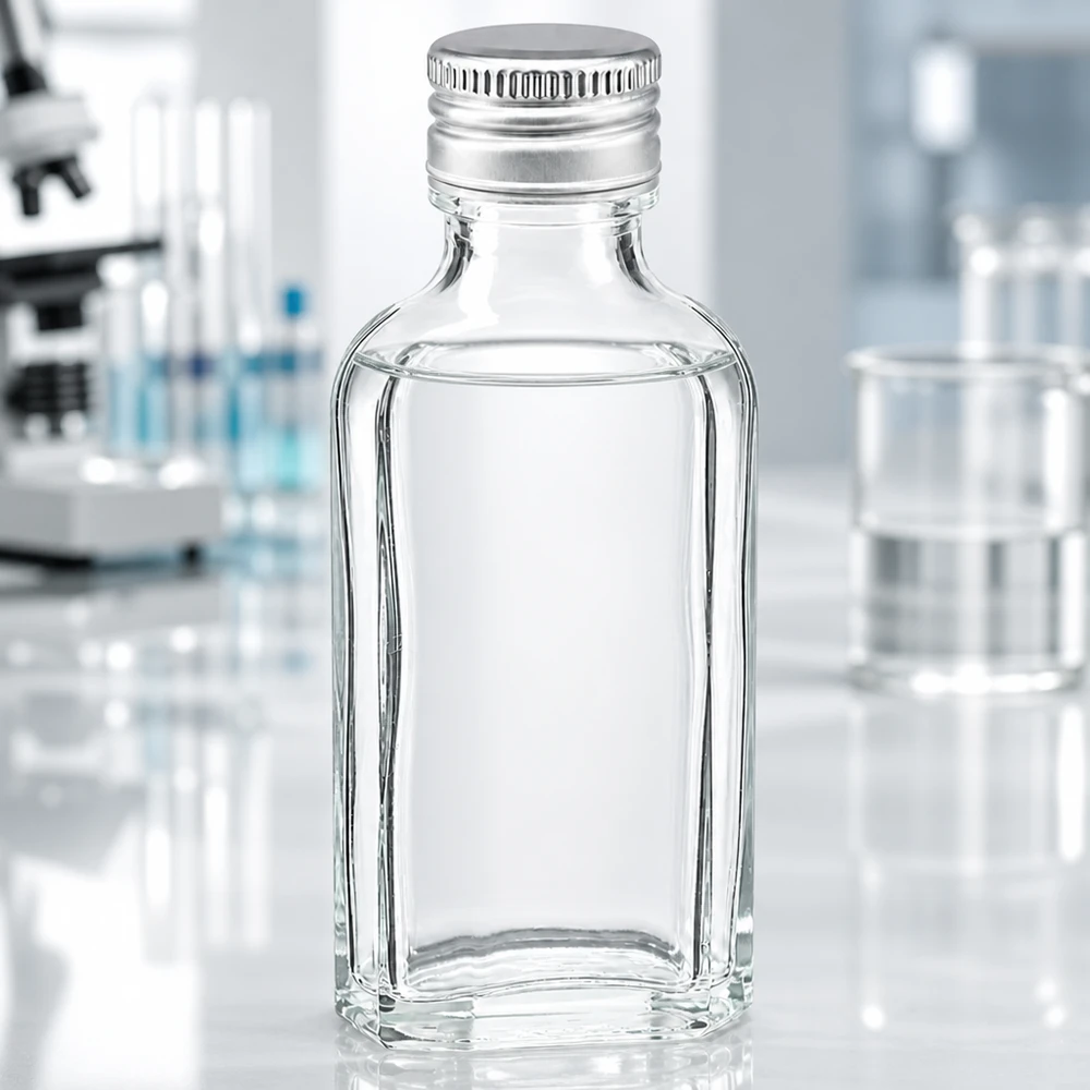 50 ml Meplat klar med aluminiumlock silver PP22 Miniatyr Meplat-laboratorieflaska, 50 ml, av klart glas med aluminiumlock PP22 för vetenskapliga ändamål