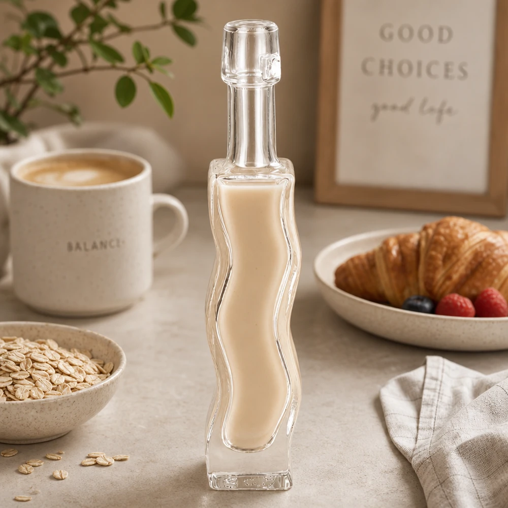 40 ml glasflaska Fila utan hänge UNiTWIST® 40ml Glasflasche Anna mit cremigem Hafermilch-Getränk befüllt Frühstückstisch-Szenerie vegane Milchalternative Lifestyle