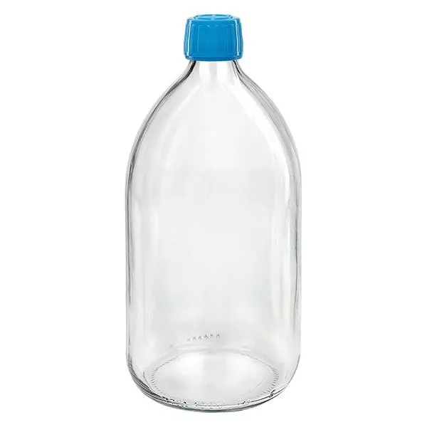 1000 ml medicinflaska klar, blått lock med säkerhetsring ApoGlas 1000 ml medicinflaska klar, blått lock med säkerhetsring ApoGlas