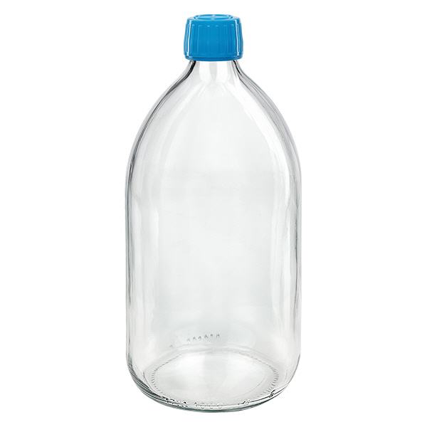 1000 ml medicinflaska klar, blått lock med säkerhetsring ApoGlas