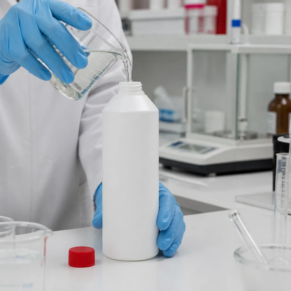 Apoteksflaska HDPE 250ml vit, med rött skruvlock Laboratorieteknikern fyller en vit HDPE-apotekflaska på 250 ml med ett rött lock av bägarglas