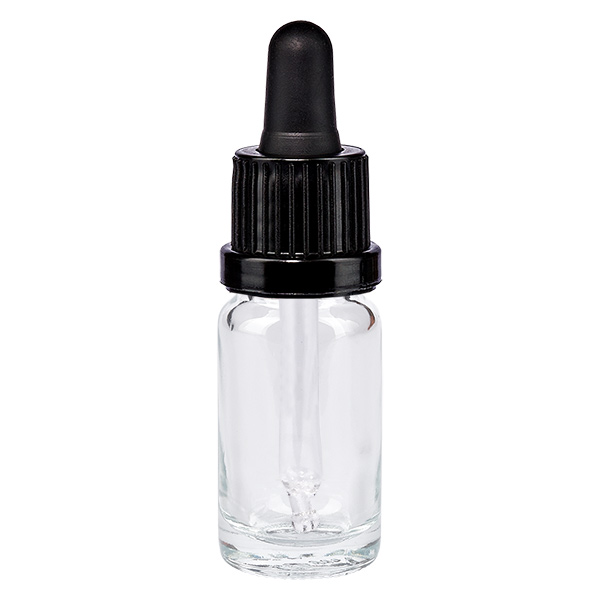 10 ml pipettflaska svart med säkerhetsförslutning ClearLine UT18/10 10 ml pipettflaska i klart glas med svart droppkork, ClearLine UT18/10