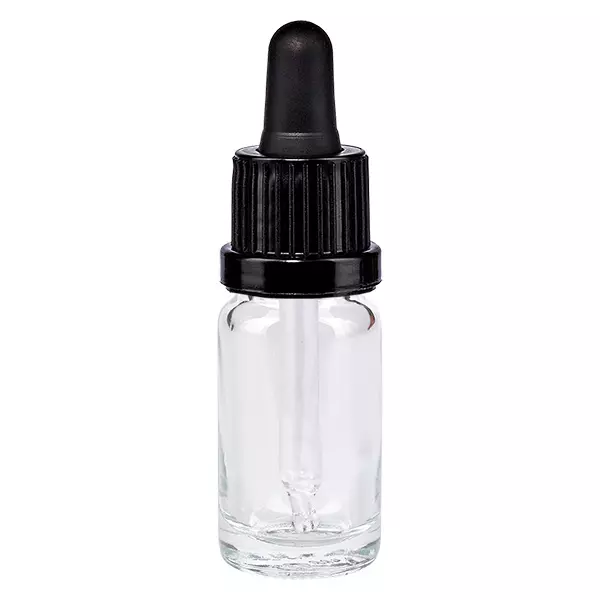 10 ml pipettflaska svart med säkerhetsförslutning ClearLine UT18/10 10 ml pipettflaska i klart glas med svart droppkork, ClearLine UT18/10