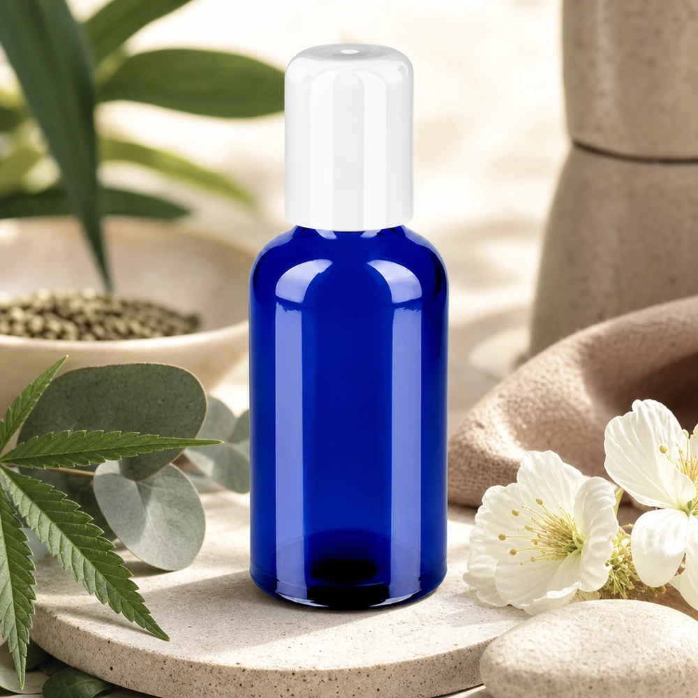 Koboltblå 50 ml glasflaska med vitt roll-on-lock för DIY-kosmetika och naturkosmetika