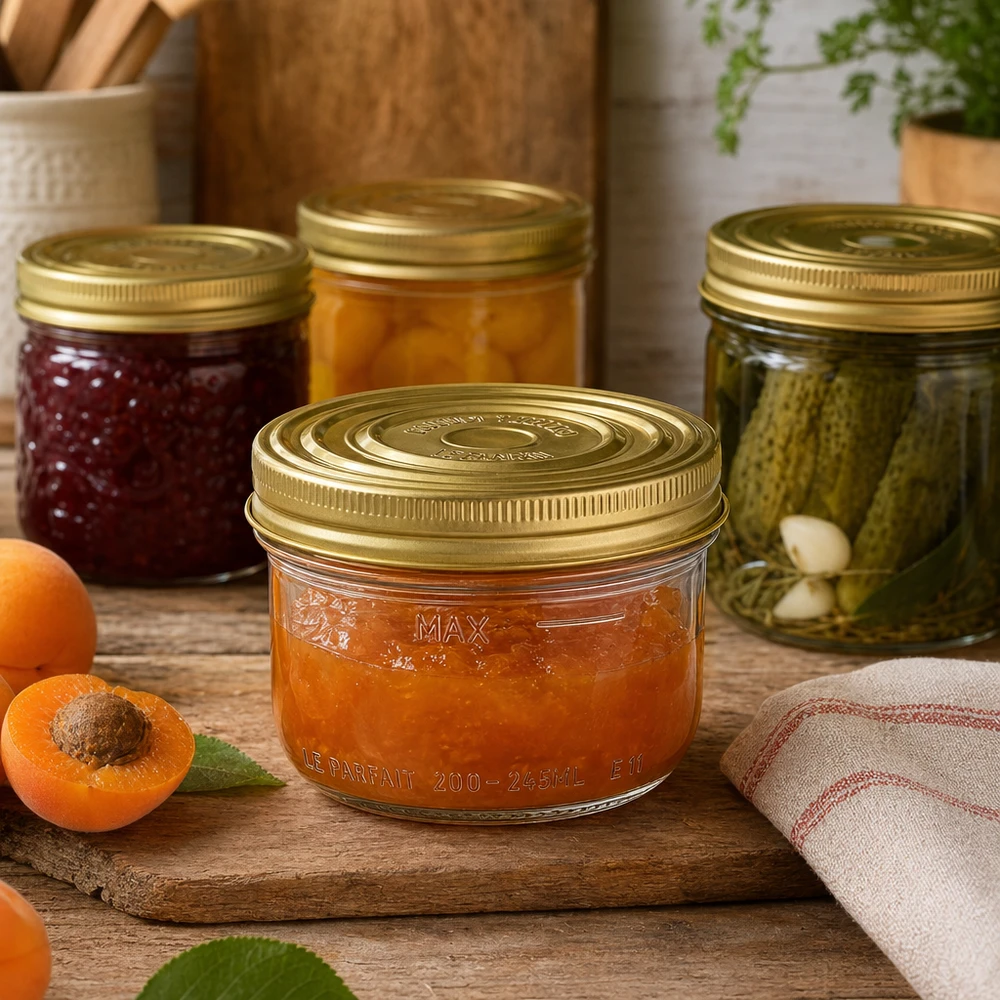 Le Parfait® Familia Wiss 200 g Ø82 mm burk 245 ml Familia Wiss burk med guldlock fylld med aprikosmarmelad på en träbräda bredvid färska aprikoser