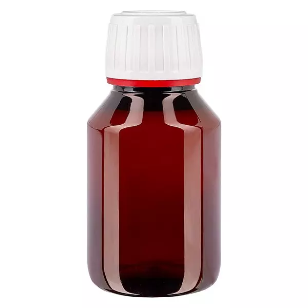 PET-flaska 50ml med vit/röd kapsyl, manipuleringssäkert lock PET-flaska 50ml med vit/röd kapsyl, manipuleringssäkert lock