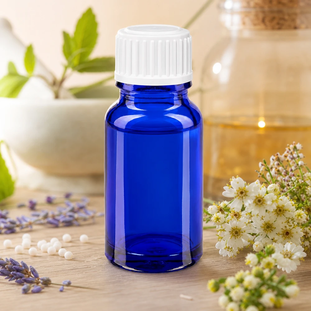 Blå 10 ml homeopatisk glasflaska med vitt lock bredvid lavendel och medicinalväxter