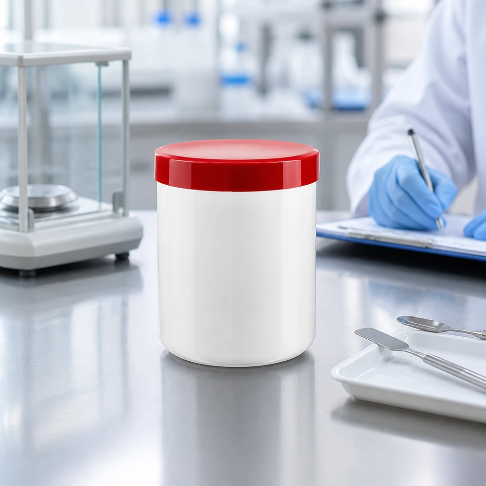 Salvburk 250g vit med rött skruvlock (polypropylen) Vit PP-salvburk på 250 g med rött skruvlock på en yta av rostfritt stål i laboratoriet