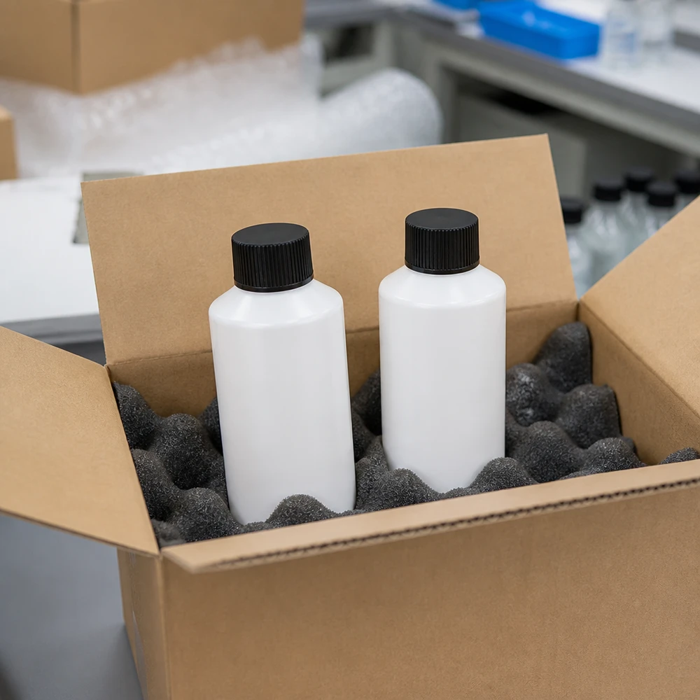 Två vita HDPE-apotekflaskor à 100 ml med svarta skruvlock, säkert förpackade i en fraktkartong