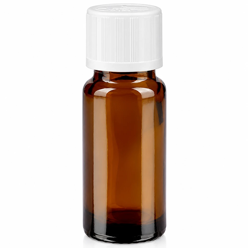 10 ml brun apoteksflaska i glas med vitt barnsäkert lock och 1,2 mm droppinsats