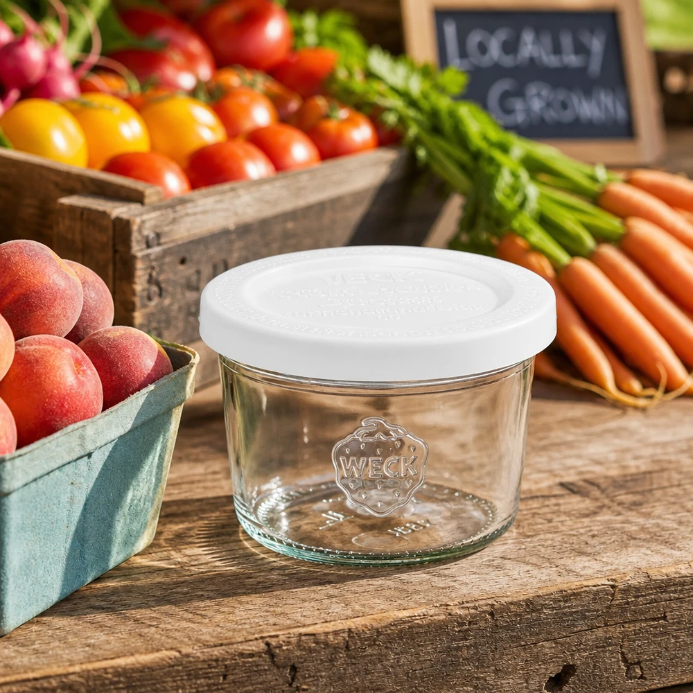 80 ml WECK RR60-glas med fräscht lock mellan färska grönsaker och frukt på ett rustikt träbord för naturlig förvaring.