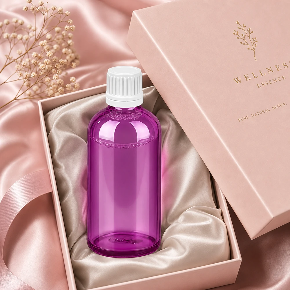 100ml flaska 11mm skruvkork vit Originality skruvkork PurpleLine UT18/100 Transparent 100 ml flaska i lila med vitt lock, perfekt för DIY-kosmetika och naturprodukter