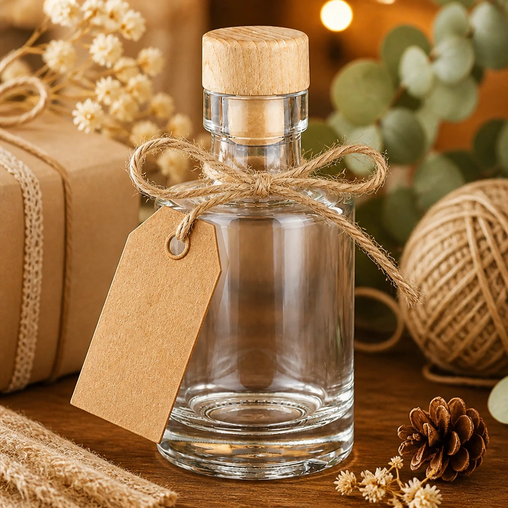 100 ml glasflaska Marie med kork med trähandtag UNiTWIST® 100 ml Marie-glasflaska med träkork, presentförpackad med juteband och presentetikett i rustik design.