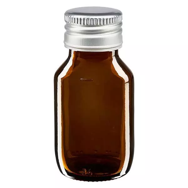 50 ml medicinflaska brun, med silverfärgat aluminiumlock ApoGlas 50 ml medicinflaska brun, med silverfärgat aluminiumlock ApoGlas