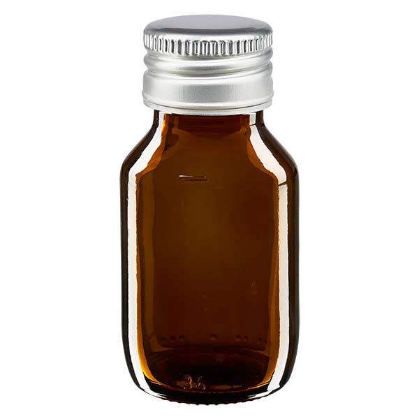 50 ml medicinflaska brun, med silverfärgat aluminiumlock ApoGlas 50 ml medicinflaska brun, med silverfärgat aluminiumlock ApoGlas