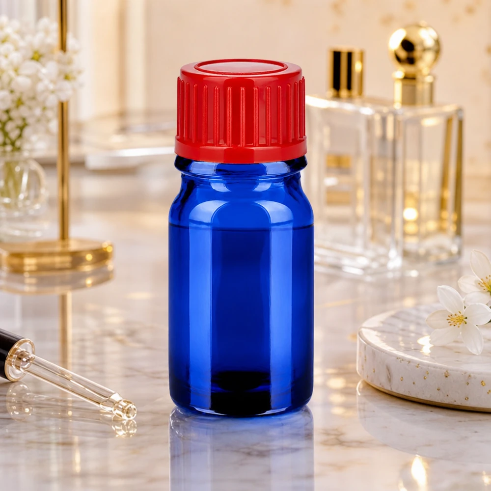 5 ml flaska 11mm skruvkork röd standard BlueLine UT18/5 5 ml BlueLine-glasflaska med rött 11 mm SV-lock för säker förvaring av prover