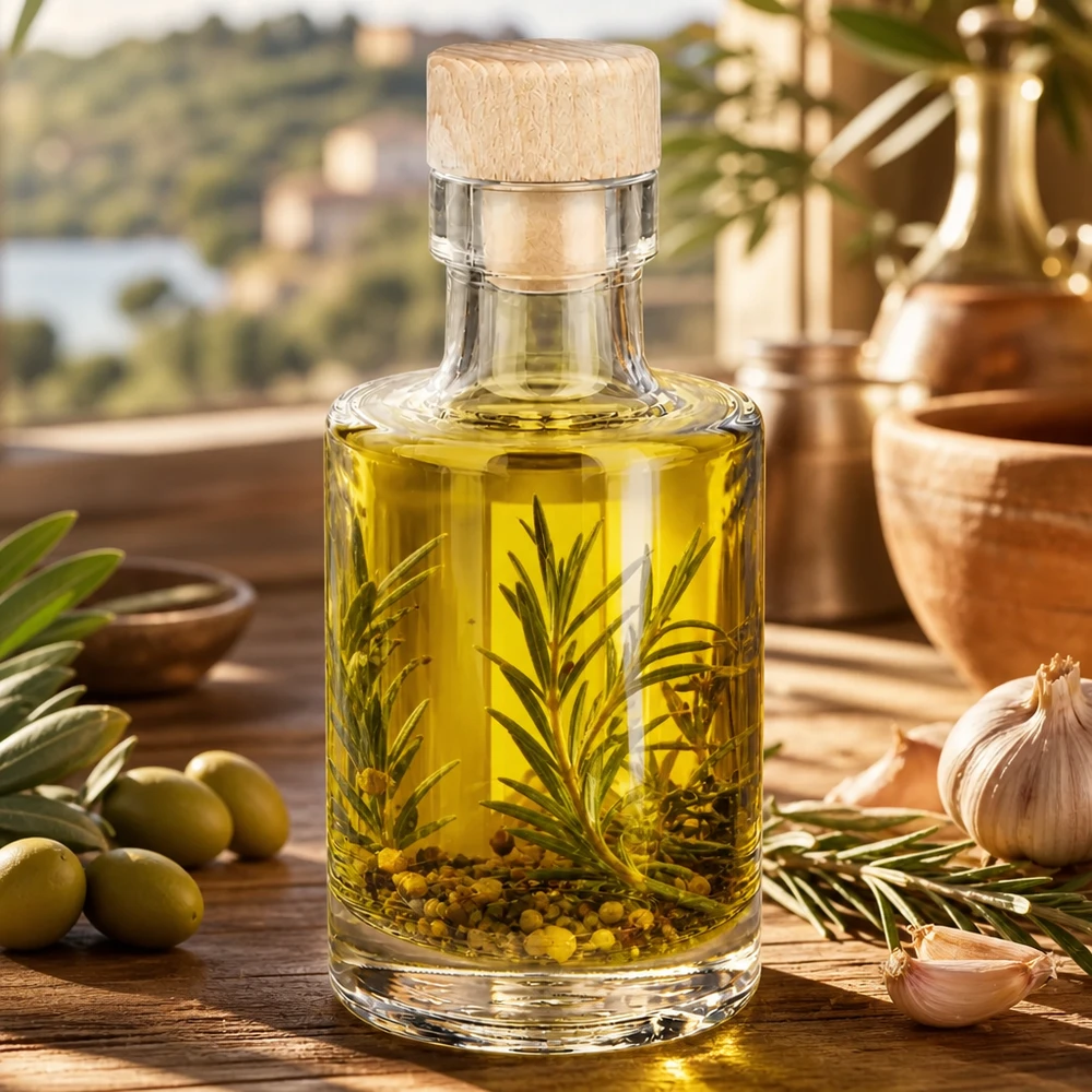 100 ml glasflaska Marie med träkork fylld med örtolja rosmarinpepparkorn bredvid oliver och vitlök mediterra