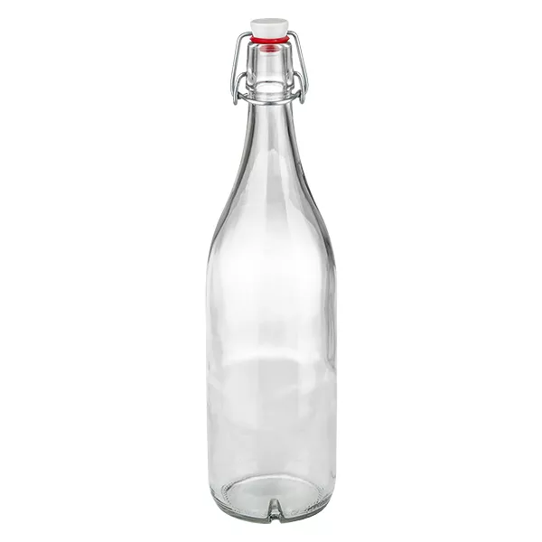 1000 ml glasflaska med svängbar topp av porslin, tom, transparent för förvaring av drycker