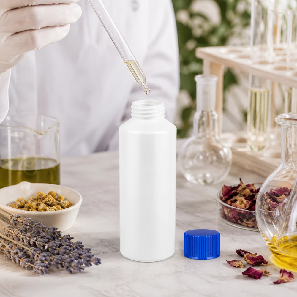 Vit apoteksflaska, 100 ml, HDPE, med blå kork för naturkosmetik och eteriska oljor