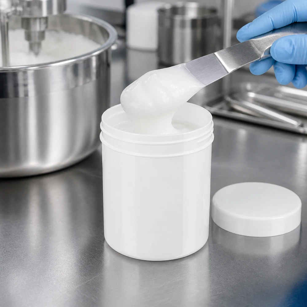 Salvburk 200g vit med vitt skruvlock (polypropylen) Fyllning av en 200 g salvorburk av vitt PP med en spatel av en person som bär blå skyddshandskar