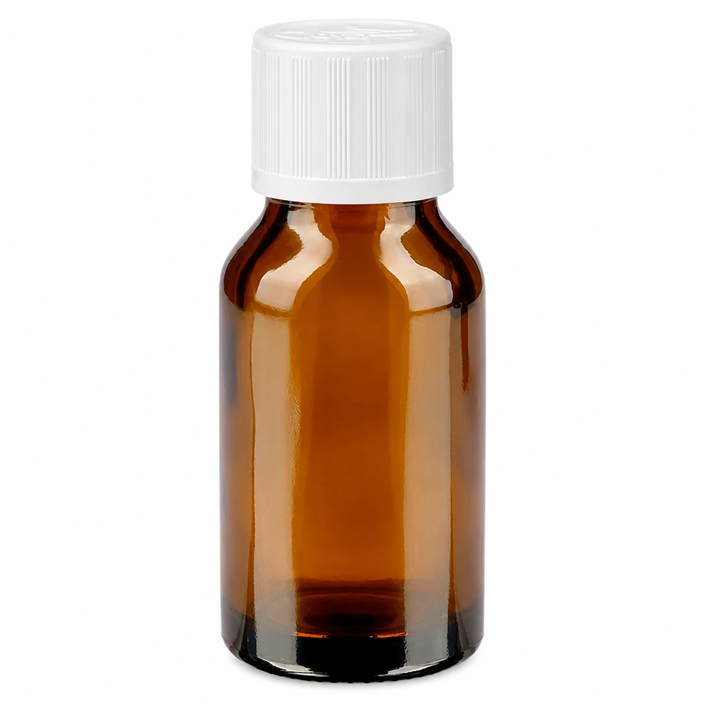 Apoteksflaska brun 30ml skruvkork vit barnsäker standard 30 ml brun apoteksflaska med vitt barnsäkert lock, tillverkad av högkvalitativt brunt glas