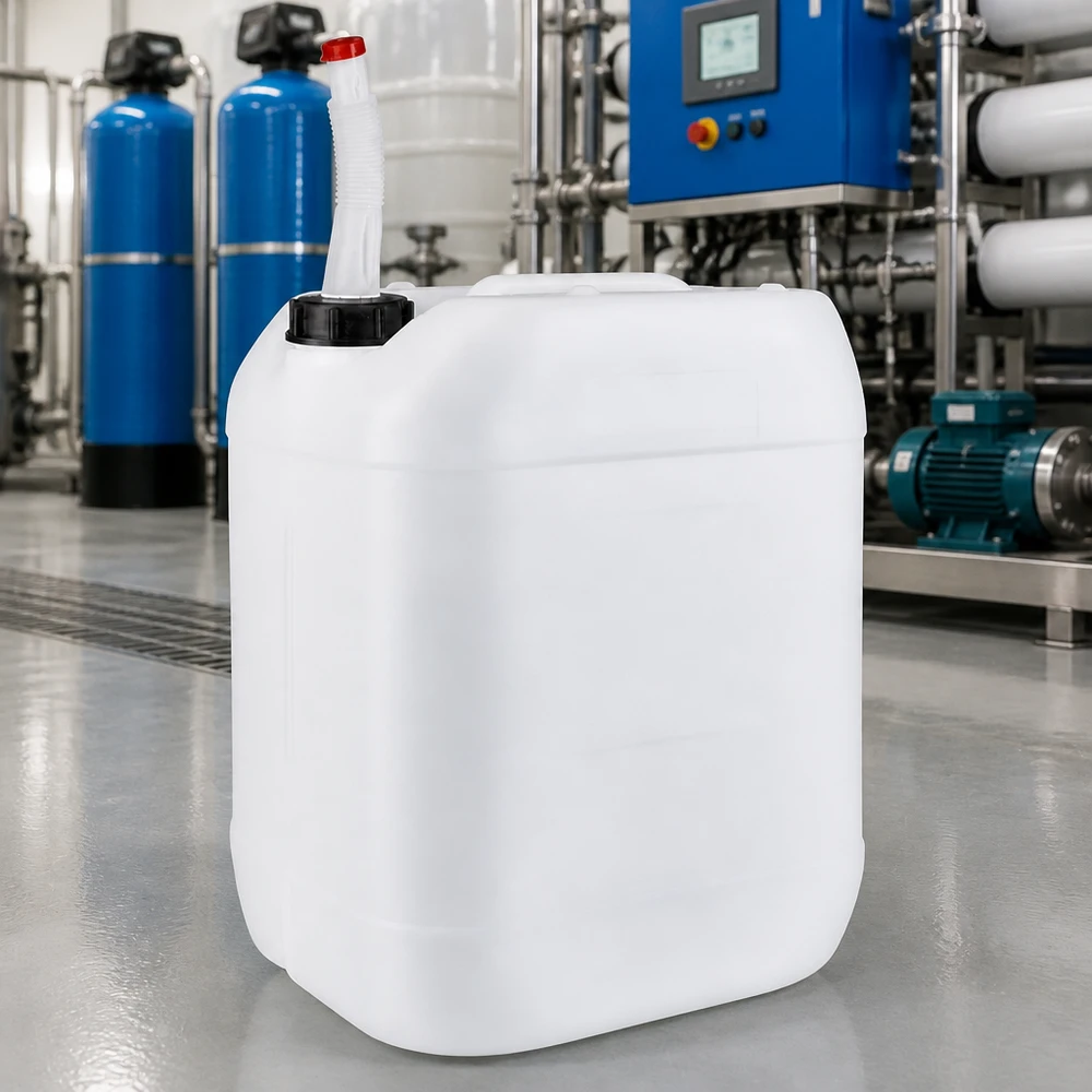 20 liters dunk med flexibelt utloppsrör Genomskinlig 20-liters plastdunk med böjbart utloppsrör framför en industriell vattenreningsanläggning