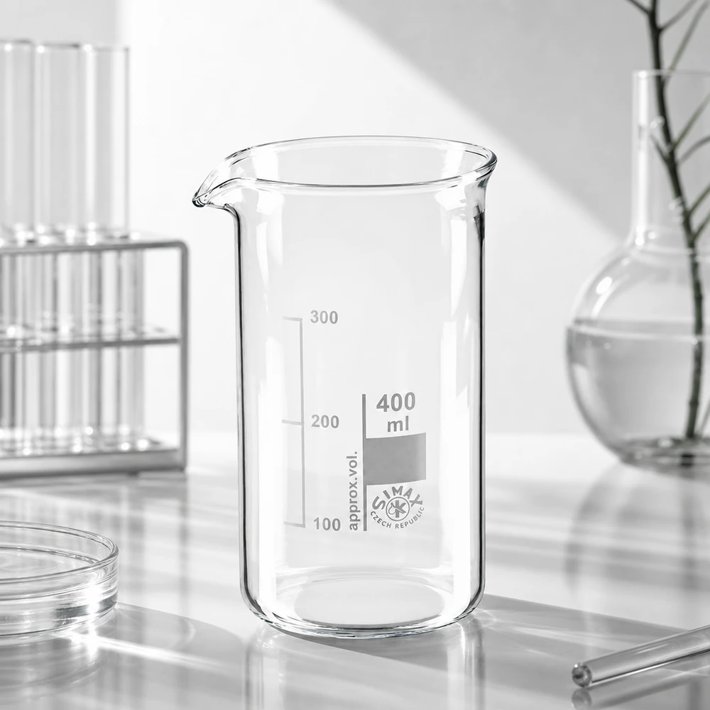 Tomt, genomskinligt bägarglas, 400 ml, hög form med pip, tillverkat av klart borosilikatglas