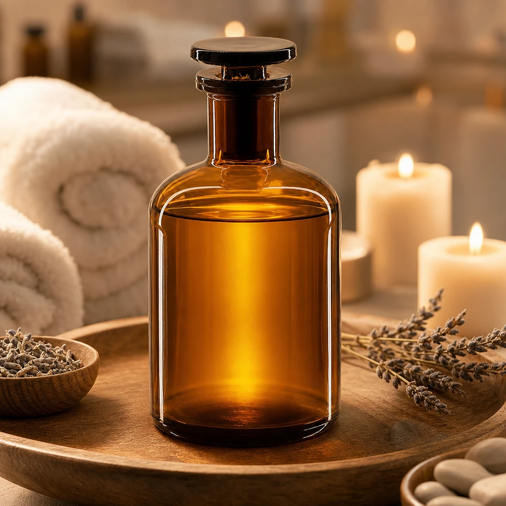 Aromaterapiflaska 100 ml, brun, rundskuldrad, glaspropp, med lavendel och ljus