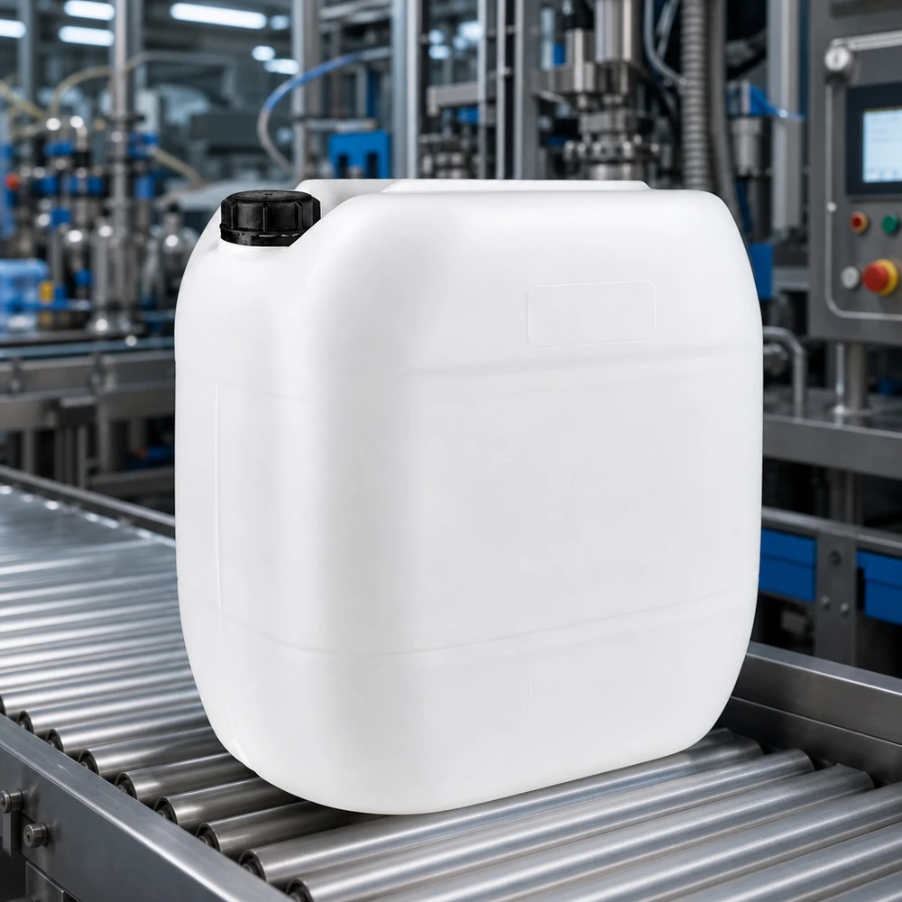 30 liters dunk med skruvlock som är försett med sabotageskydd Industrikanister på 30 liter, vit med svart originalförslutning, på transportband