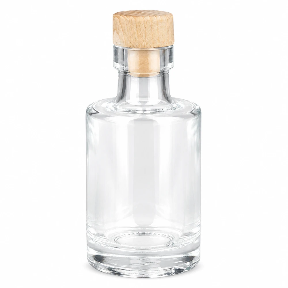 100 ml glasflaska Marie med kork med trähandtag UNiTWIST® 100 ml glasflaska Marie med trähandtag kork UNiTWIST tom transparent rund form Produktfoto på vit bakgrund