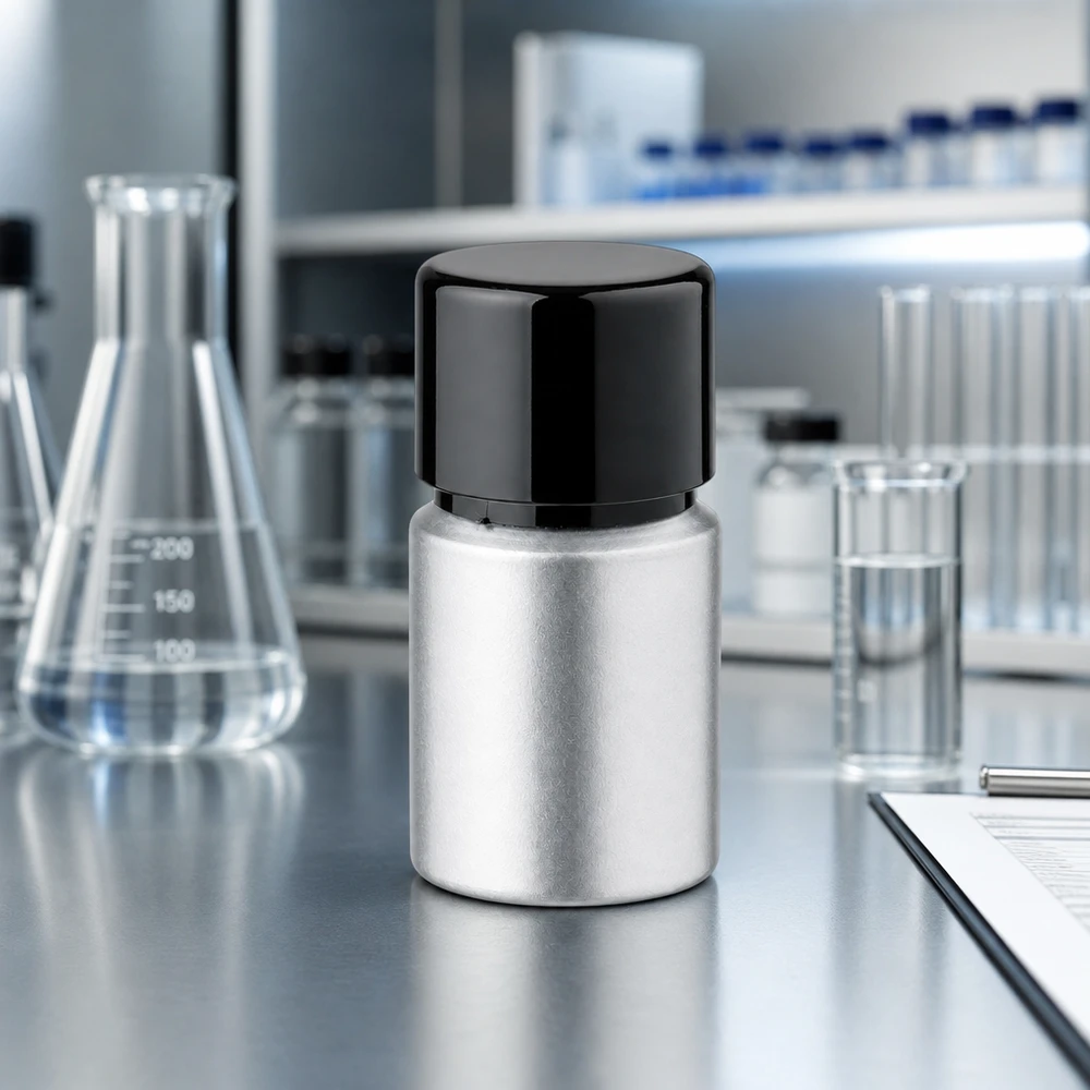 10ml flaska i färgat aluminium med skruvkork Kompakt 10 ml aluminiumflaska för laboratoriebruk - färgad yta med svart lock i laboratoriemiljö