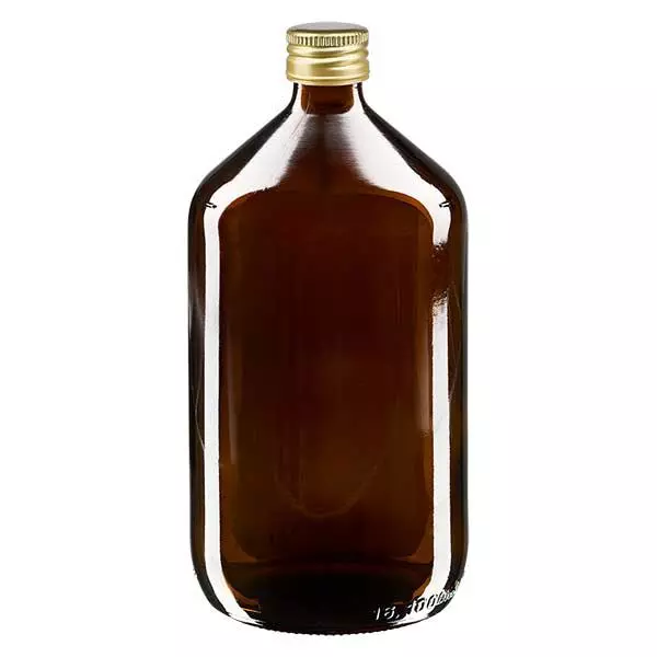 1000 ml medicinflaska brun, med guldfärgat aluminiumlock ApoGlas 1000 ml medicinflaska brun, med guldfärgat aluminiumlock ApoGlas