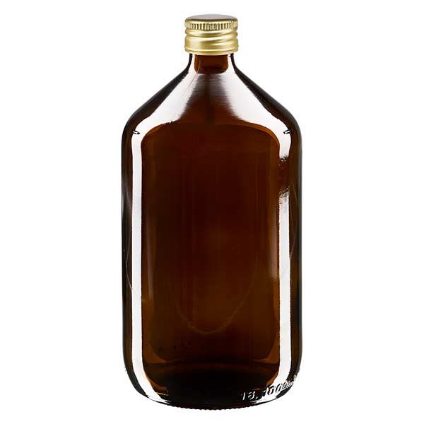 1000 ml medicinflaska brun, med guldfärgat aluminiumlock ApoGlas 1000 ml medicinflaska brun, med guldfärgat aluminiumlock ApoGlas