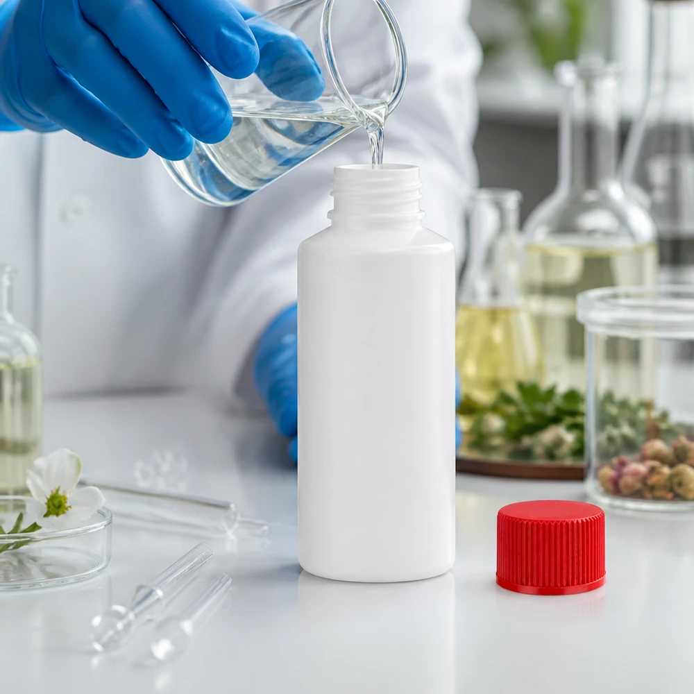 Apoteksflaska HDPE 30ml vit, med rött skruvlock En liten vit HDPE-flaska på 30 ml med rött säkerhetslock fylls med en klar vätska i laboratoriet