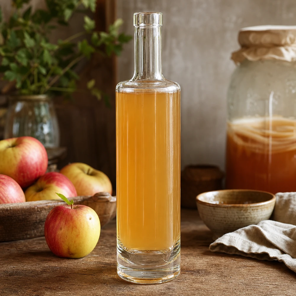 500 ml glasflaska Lina utan lock UNiTWIST® 500 ml glasflaska Lina fylld med gyllene äppeljuice i en rustik köksscen med färska äpplen och honung