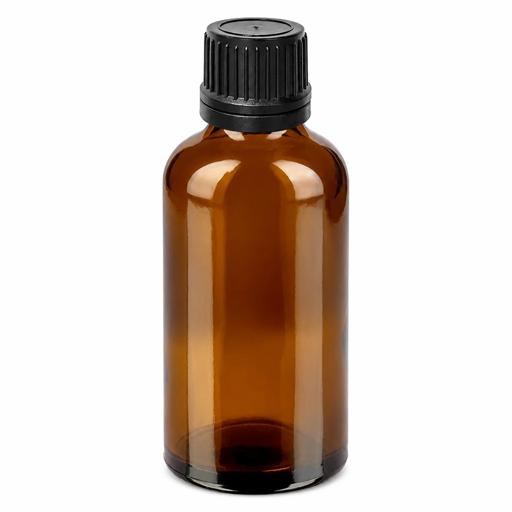 50 ml bärnstensfärgad glasflaska med svart dropplock för eteriska oljor och tinkturer