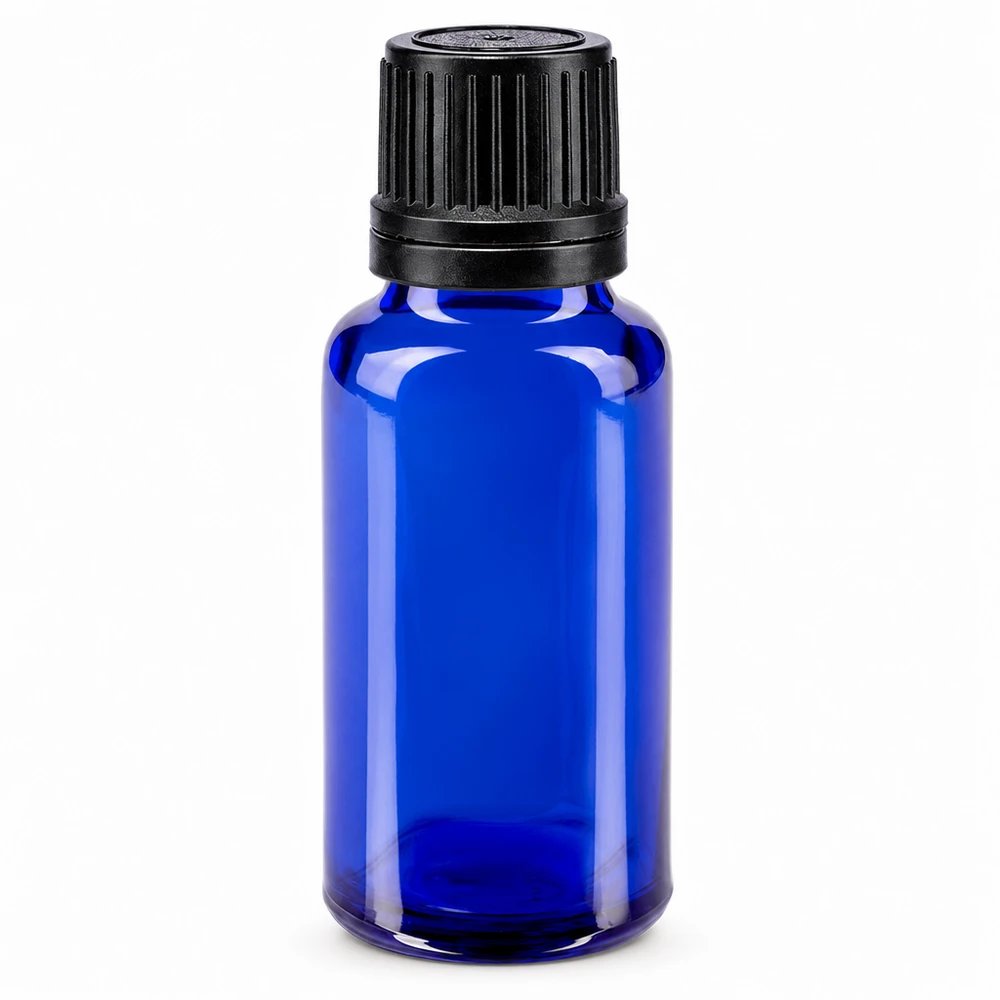 Apoteksflaska blå 20ml skruvkork svart hällring tät förslutning 20 ml blå apotekarflaska i glas med svart originalförslutning, 8 mm
