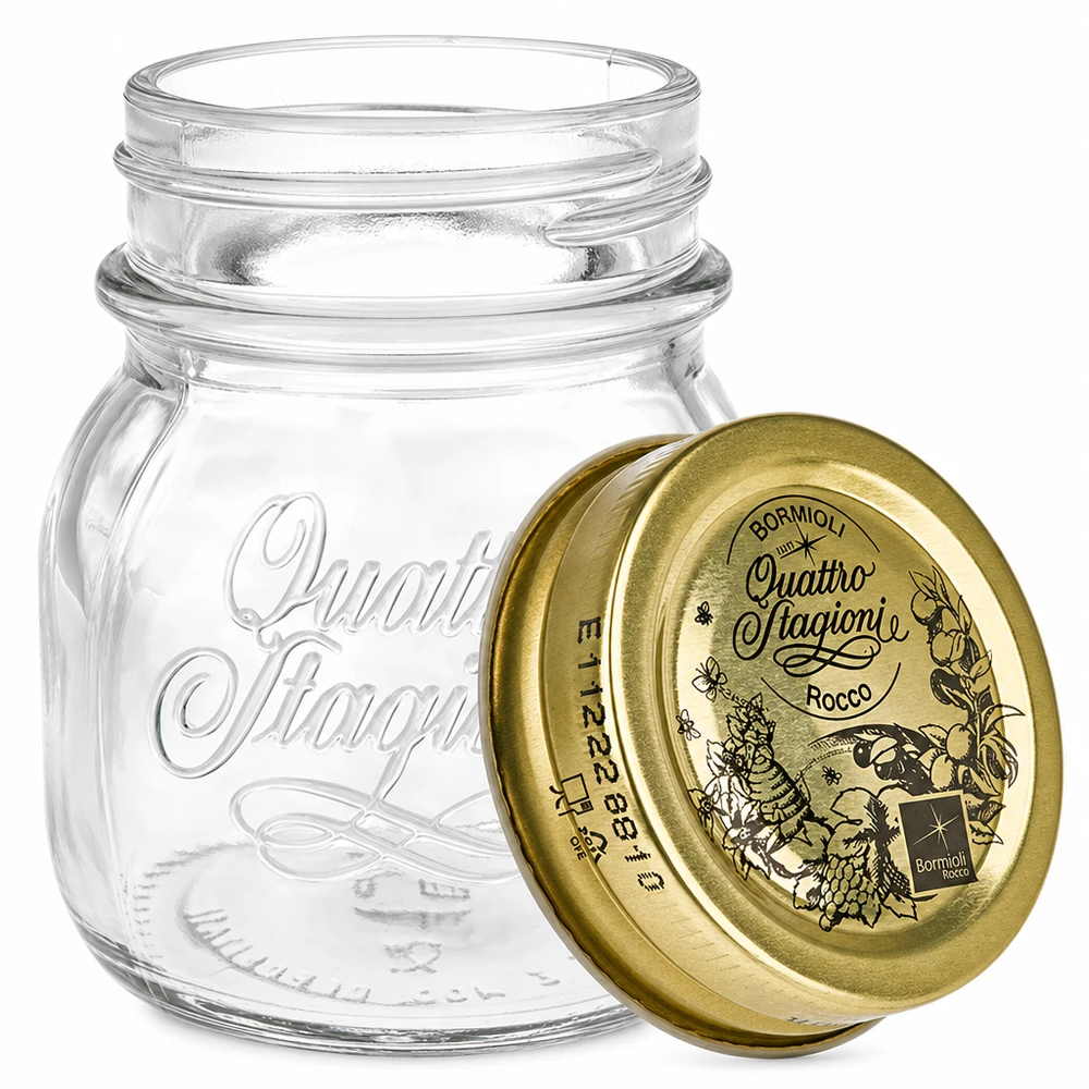150ml rund burk Quattro Stagioni med guldlock konserveringsburk förvaringsburk Bormioli Rocco Italienska