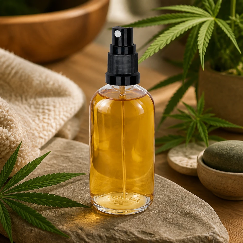 CBD-olja, sprayflaska 100 ml, genomskinligt glas, svart pumpfördelare med hampaväxt, wellness