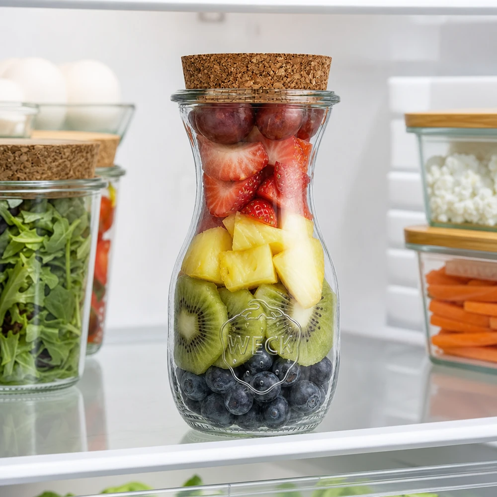 290ml juiceflaska WECK RR60 med kork naturell WECK juiceflaska 290ml RR60 med fruktmix blåbär kiwi ananas jordgubbar i kylskåpet Meal Prep