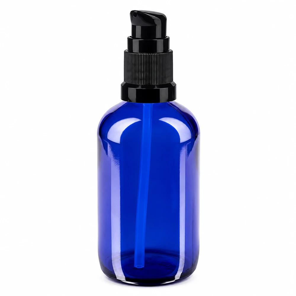 100 ml blå glasflaska med svart pump, tillverkad av apotekerglas, för serum och oljor