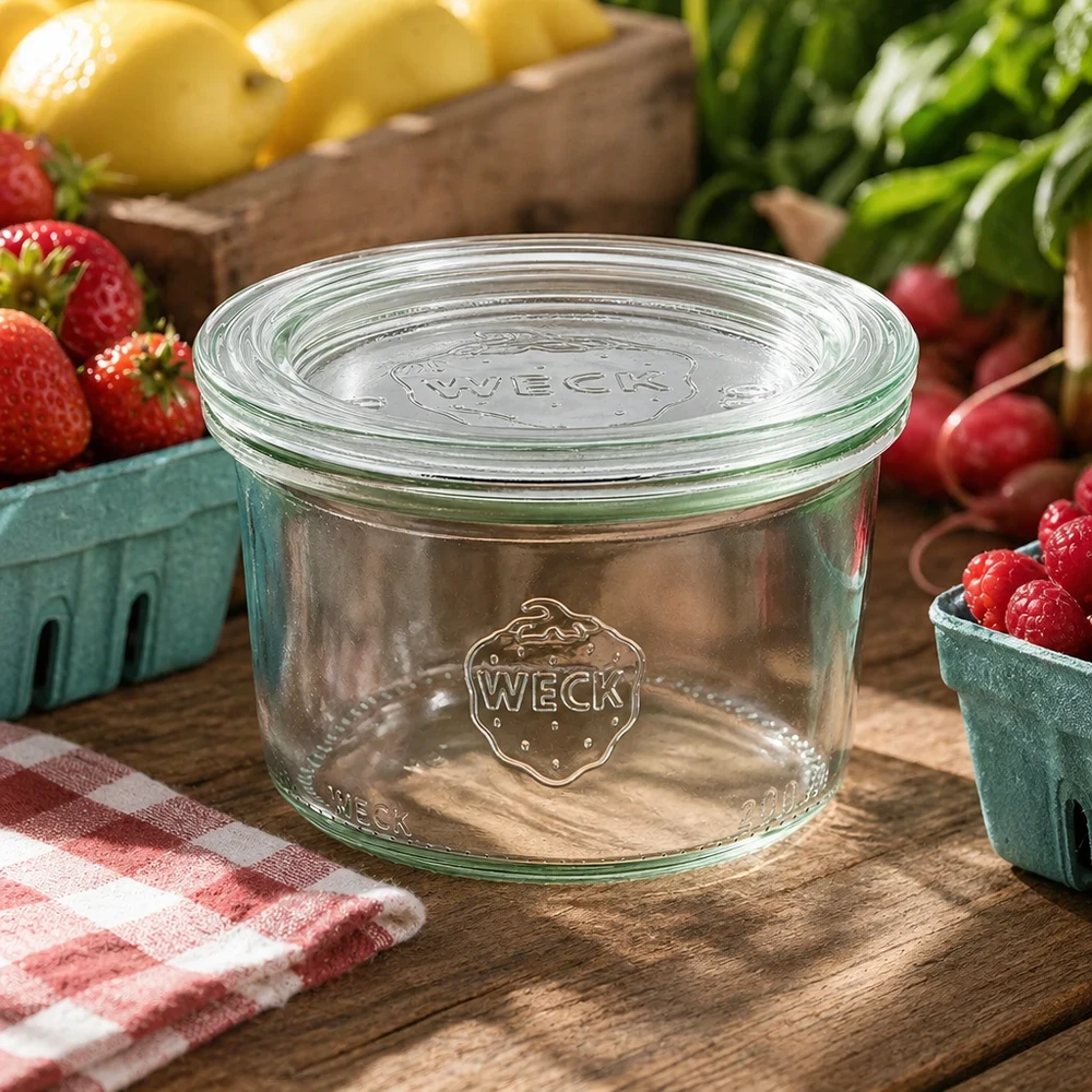 200ml Krossade glasögon med glaslock WECK RR80 WECK konserveringsburk 200ml RR80 i en naturlig köksmiljö dekorerad med färsk frukt och grönsaker