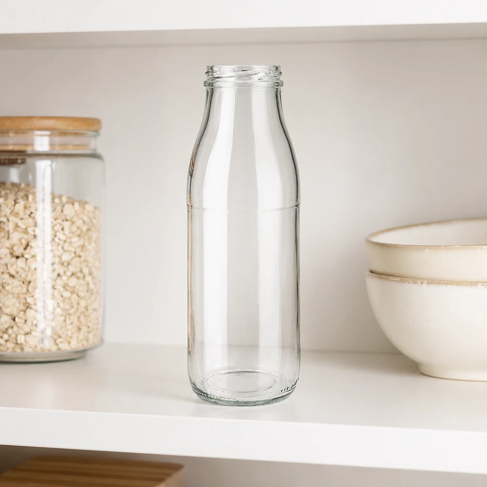500 ml glasflaska TO48 UNiTWIST utan lock på vit kökshylla bredvid flingskål och förvaringsburk