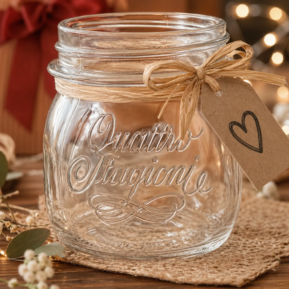 250ml runt glas "Quattro Stagioni" QS70mm 250 ml Quattro Stagioni hushållsburk med band och hjärthänge som en presentidé till köket