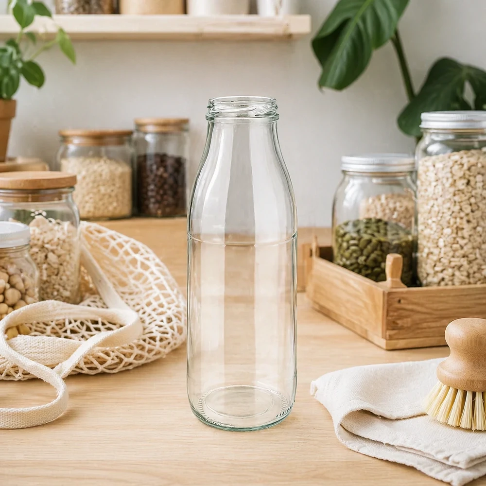500 ml glasflaska TO48 UNiTWIST tom i hållbart avfallsfritt kök med förvaringsburkar och naturfibrer