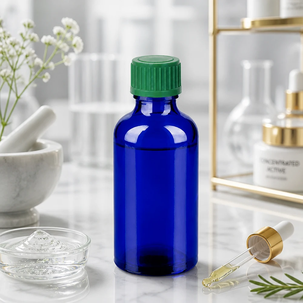 50 ml Droppflaska 0,8 mm grön Standardförslutning BlueLine UT18/50 Kompakt 50 ml droppflaska med 0,8 mm öppning, idealisk för laboratorie- och läkemedelstillämpningar
