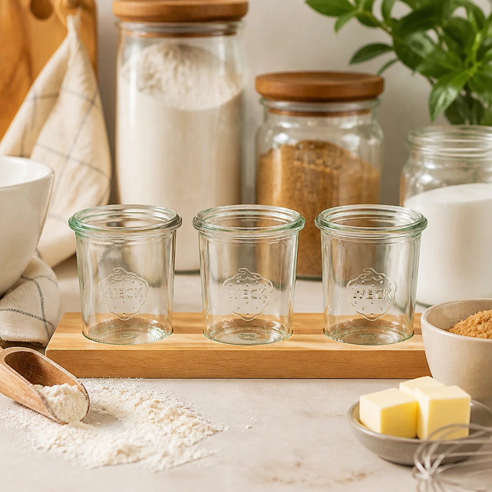 Weck tumblers 160ml tomma på serveringsbräda av bambu Plano3 i kök med bakingredienser mjöl och smör
