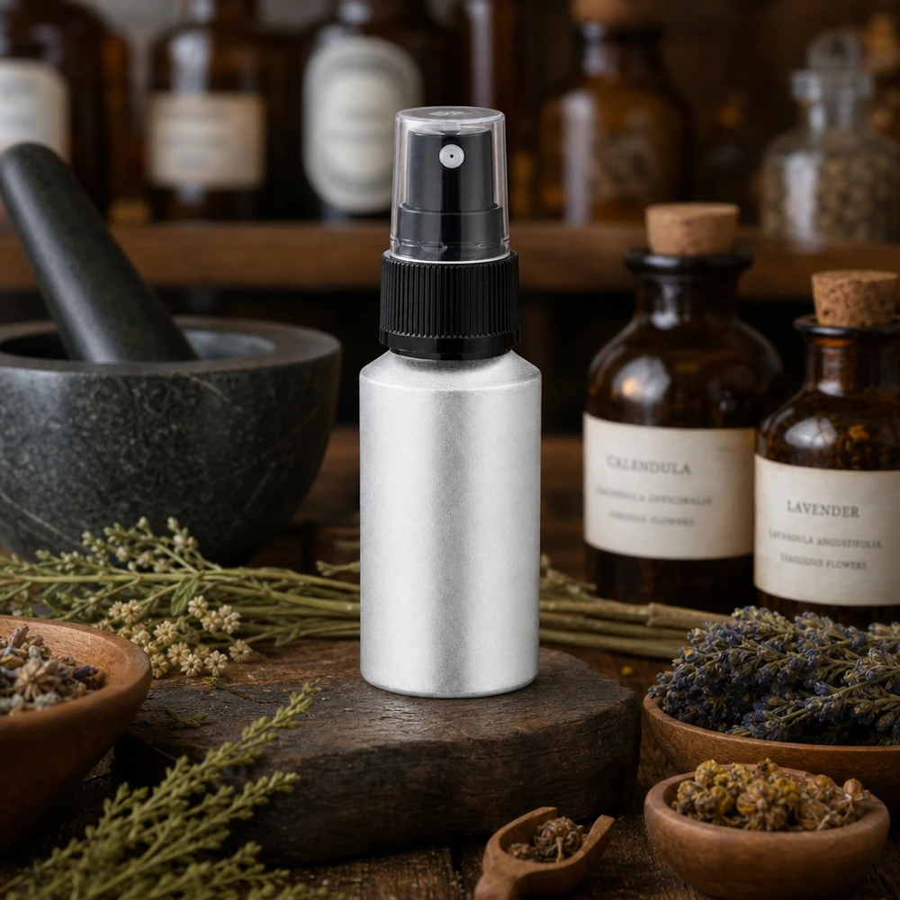 30 ml flaska i inlagd aluminium med finfördelare Kompakt 30 ml aluminiumflaska med atomiserare, perfekt för resor och när du är på språng